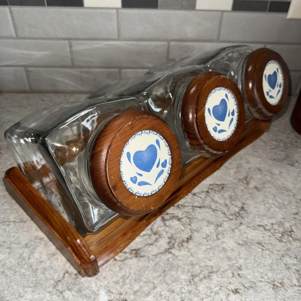 Vtg Glass 3 Canister Set Blue Heart Wood Top Counter Rack Farmhouse Kitchen